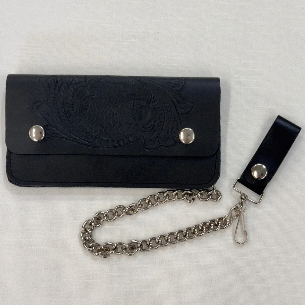 Mens Black Leather Biker Trucker Wallet Embossed Eagle Chain Made in USA